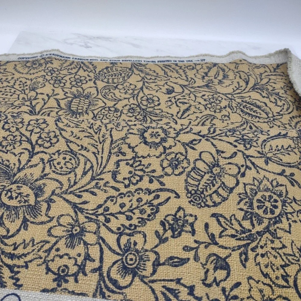 P Kaufman Upholstery Fabric Khaki Blue Floral Soil Stain Repellent 2.8yds x 56"W - Picture 8 of 9